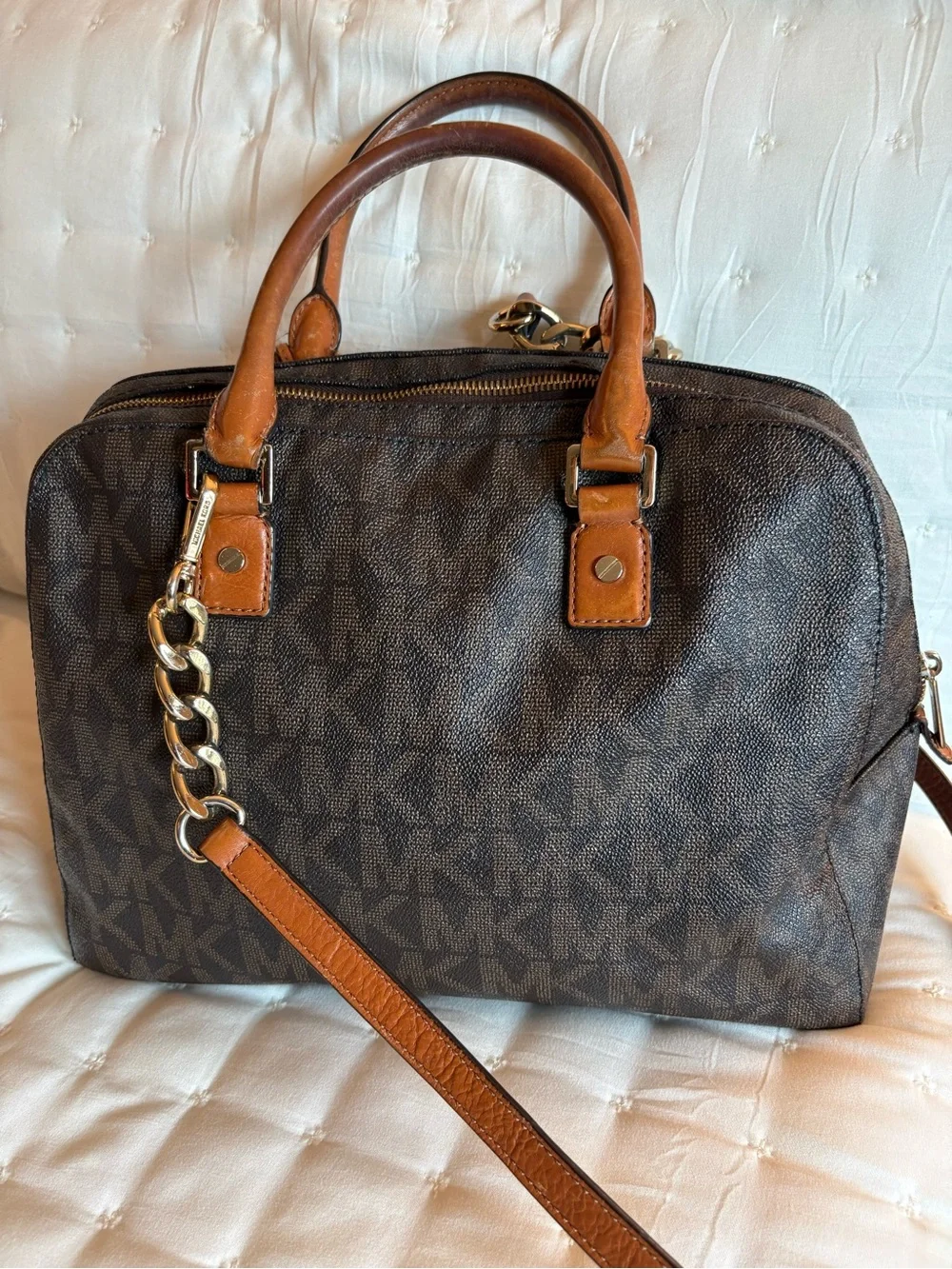 Michael Kors Brown Signature MK Monogram Satchel with Gold Hardware